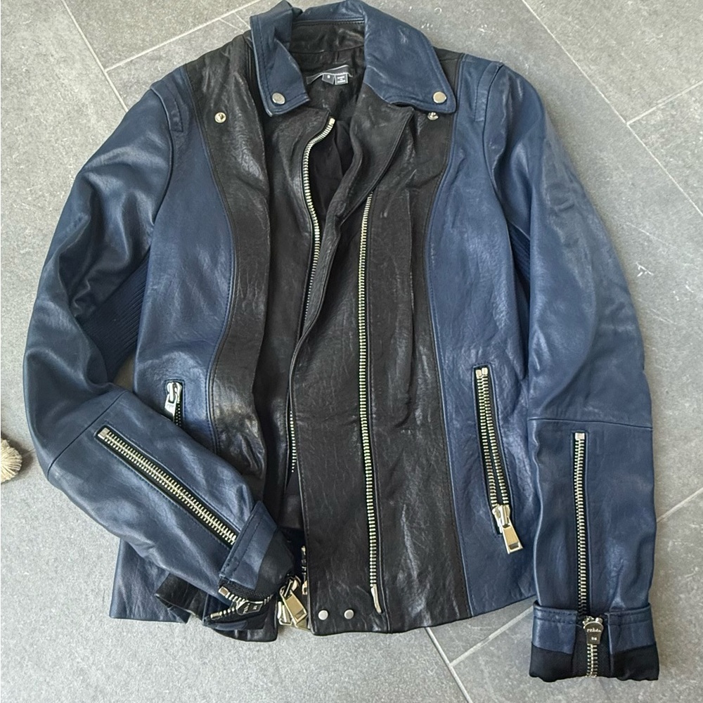 Vince Black and Blue Leather Jacket with Asymmetrical Zipper